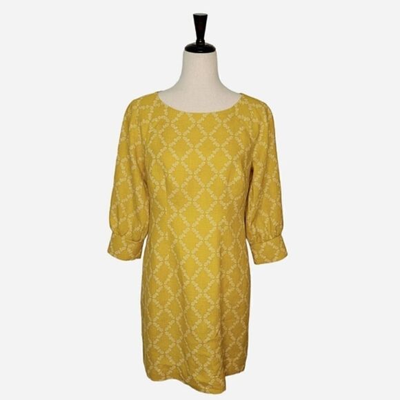 Boden Kate Mustard Yellow Pineapple 3/4 Sleeve 100% Linen Dress Size 8 Petite - Picture 1 of 9